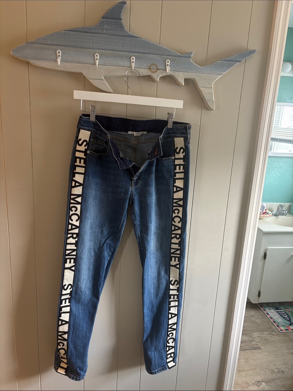 Stella McCartney Blue Denim Skinny Jeans with White Logo Side Stripes